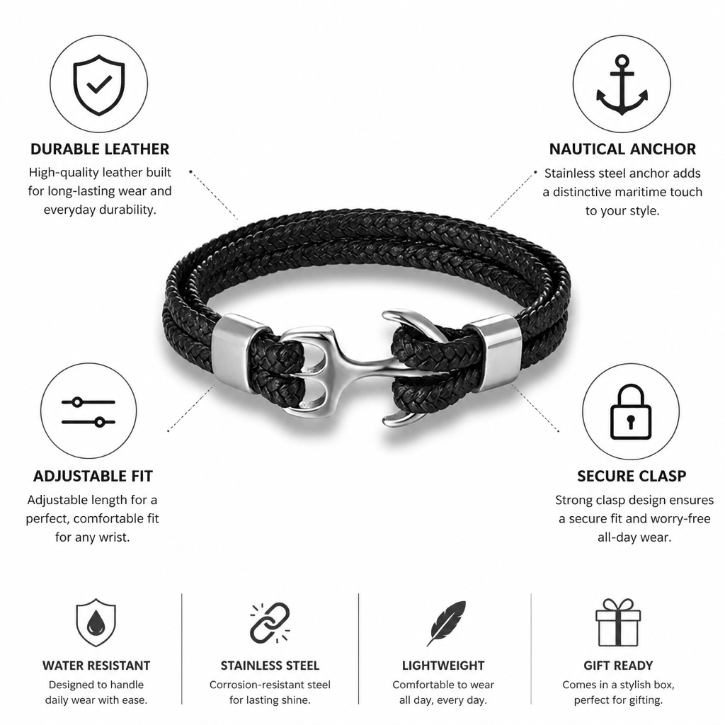 Stainless Steel Anchor Leather Bracelet (Adjustable)