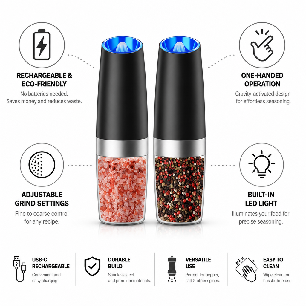 Rechargeable One-Handed Adjustable Grind Pepper & Salt Mill Set (Set of 2)