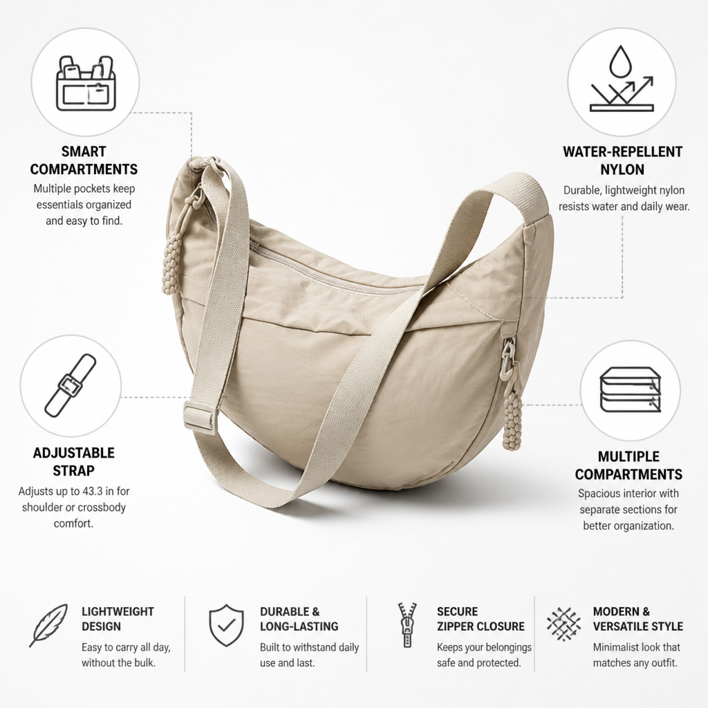 Smart-Compartment Water-Repellent Nylon Shoulder Bag