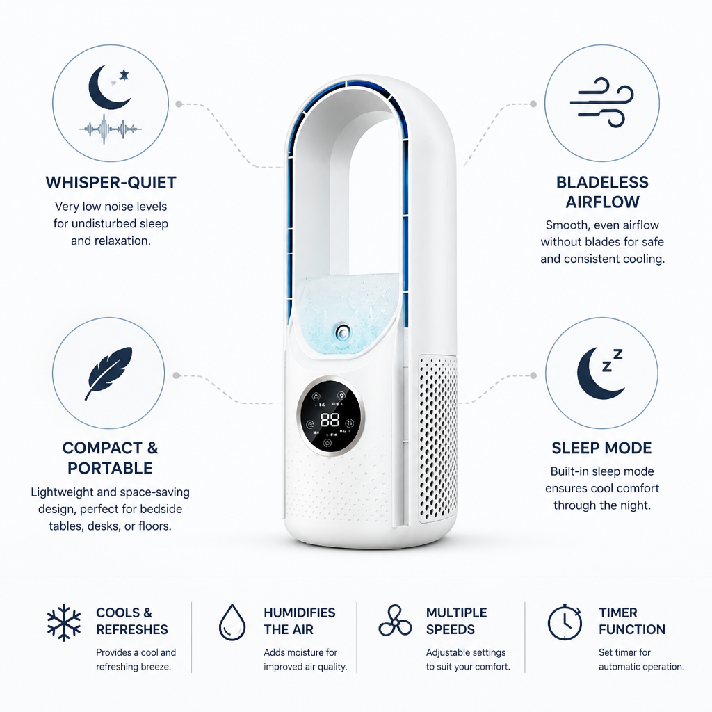 Whisper-Quiet Bladeless Bedside Air Cooler