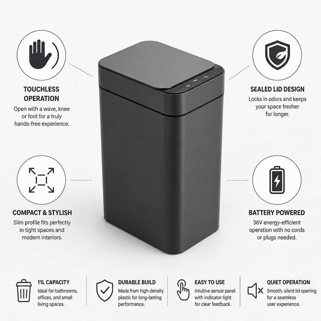 Touchless Sensor Dual-Mode Sealed-Lid Trash Can (11L)