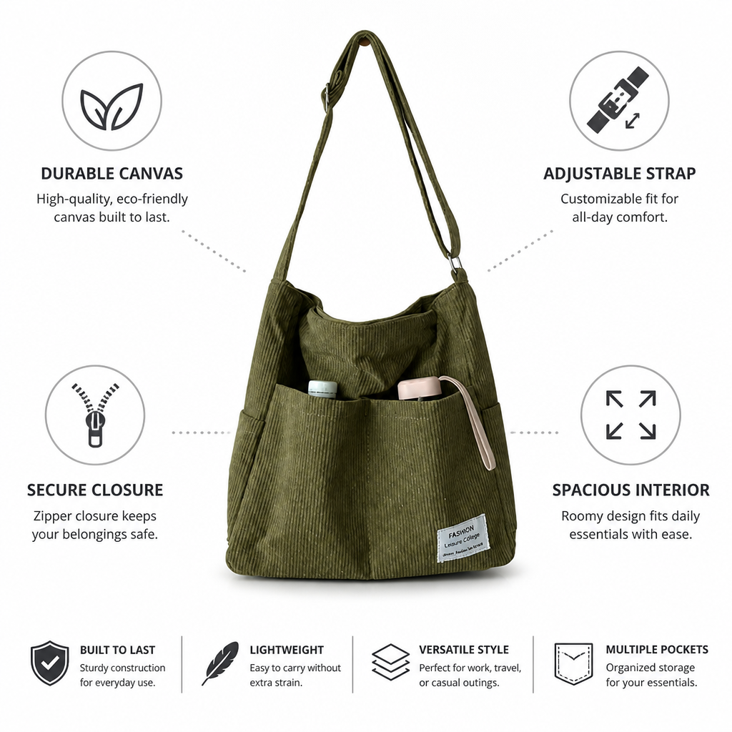 Durable Canvas & Adjustable Leather Strap Crossbody Bag