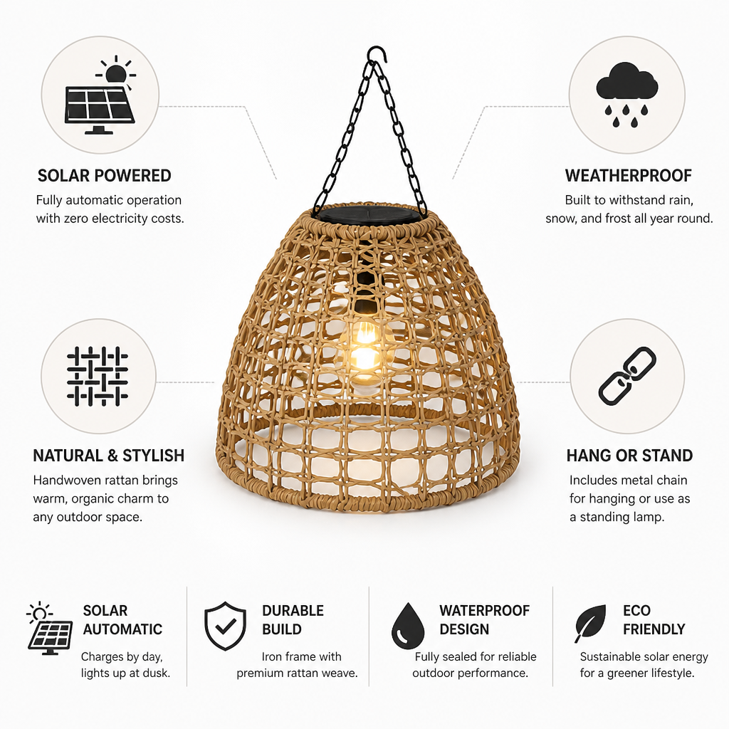 Solar Weatherproof Handwoven Rattan Lantern (Hanging Or Standing)