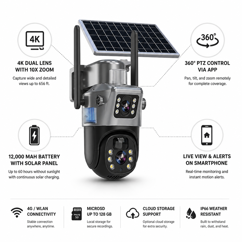 4K Dual-Lens Solar-Powered Outdoor Security Camera (360° PTZ)