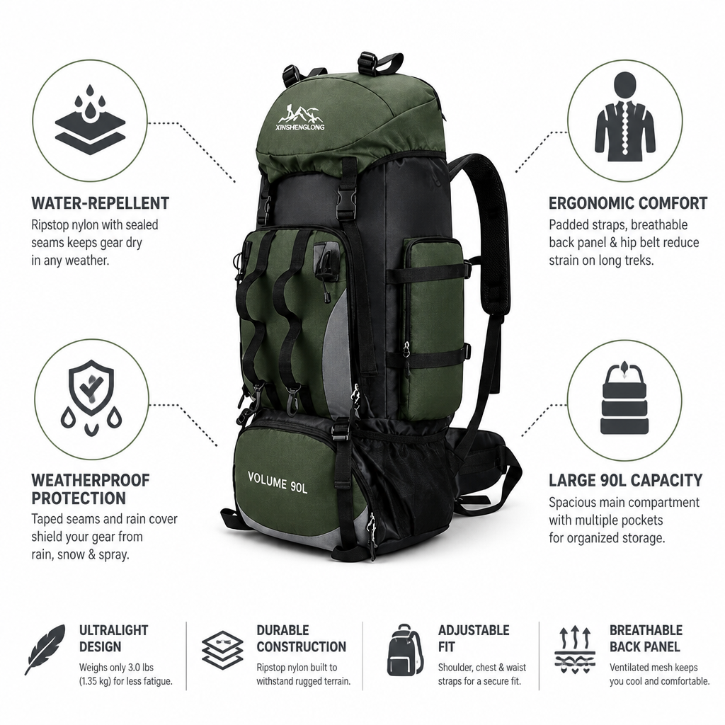 Water-Repellent Ultralight Hiking Backpack (90L)