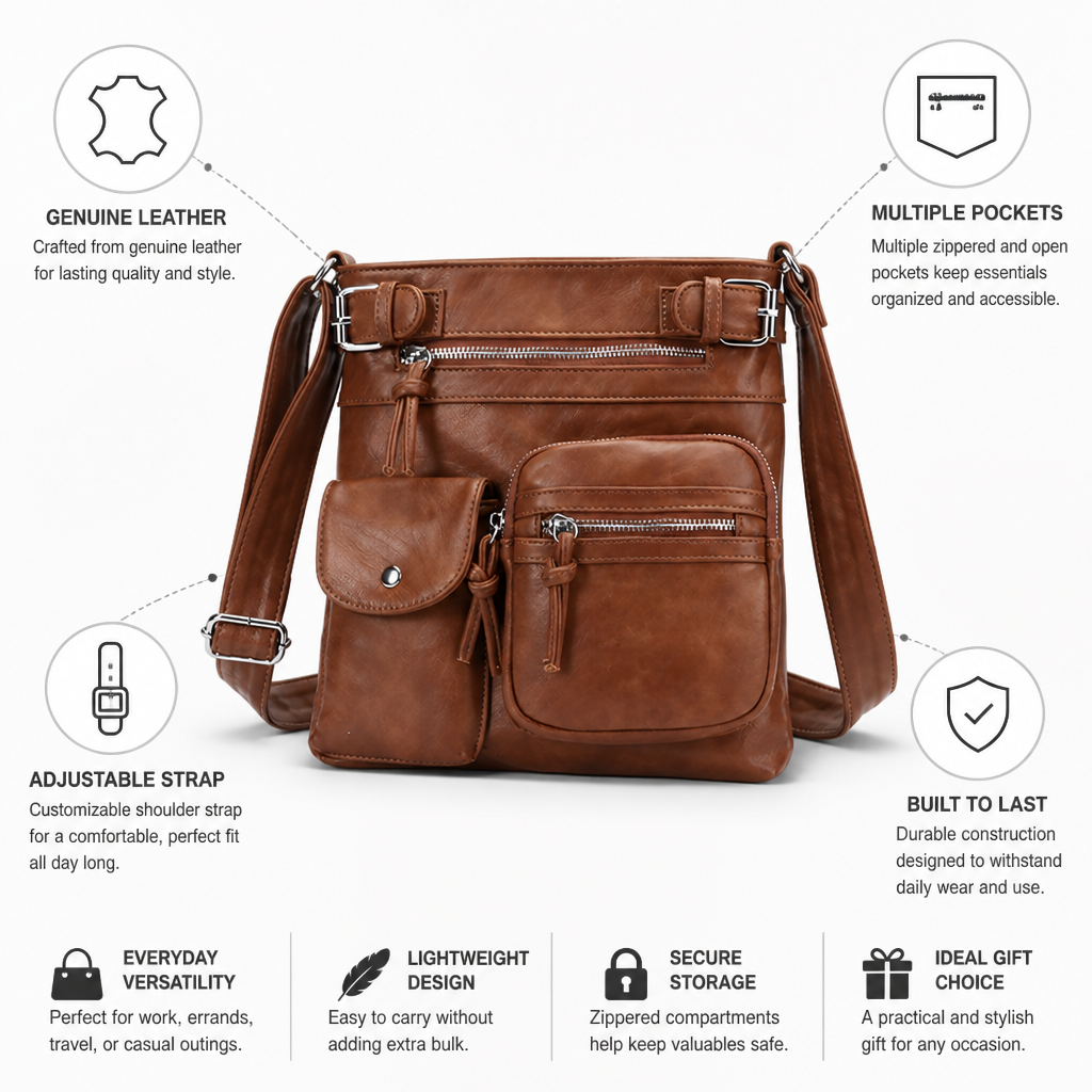 Genuine Leather Multi-Pocket Crossbody Bag (Adjustable Strap)