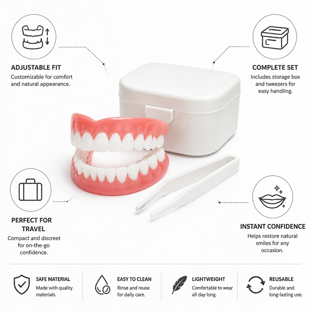 Adjustable Upper & Lower Denture Set (Storage Case & Tweezers)