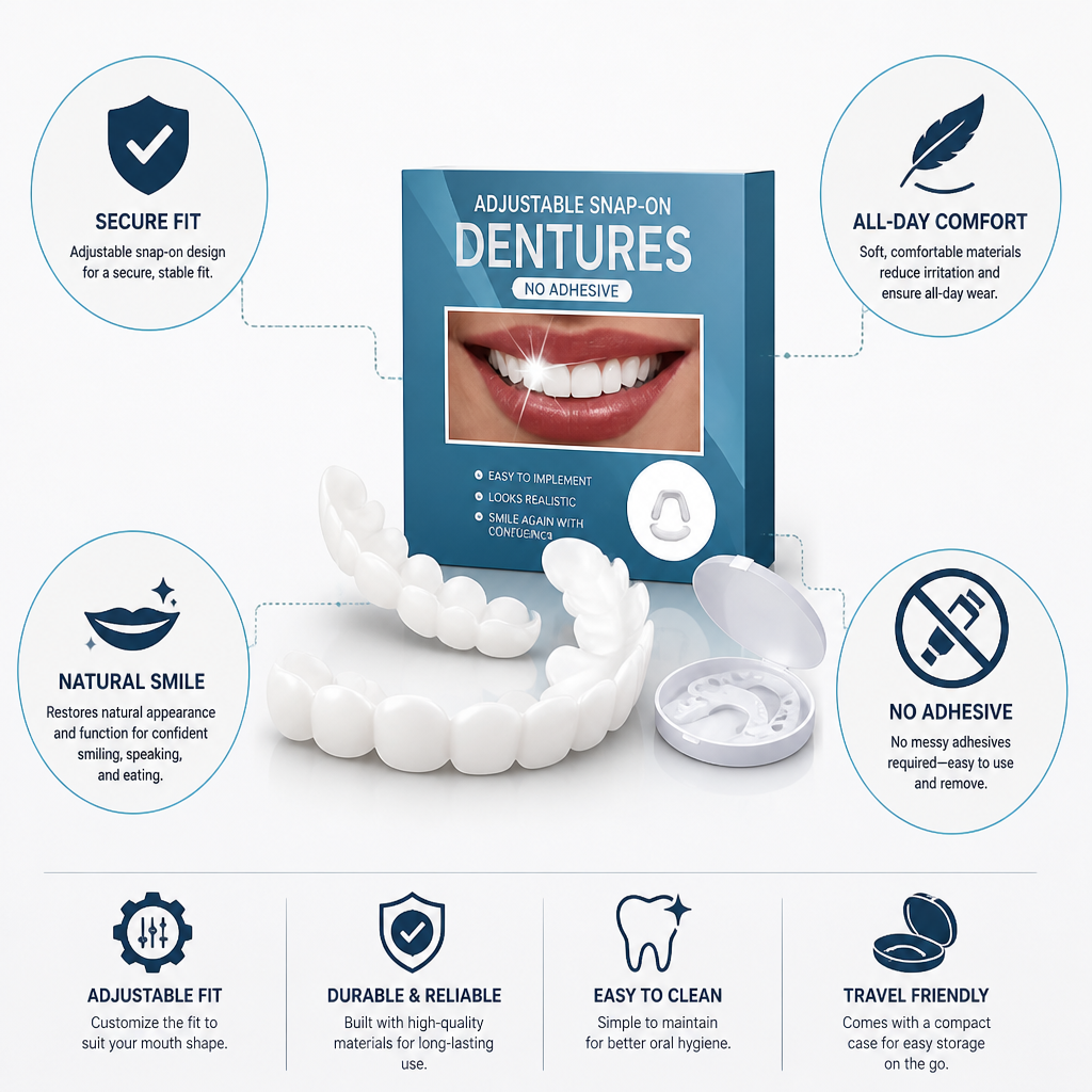 Adjustable Snap-On Dentures (No Adhesive)