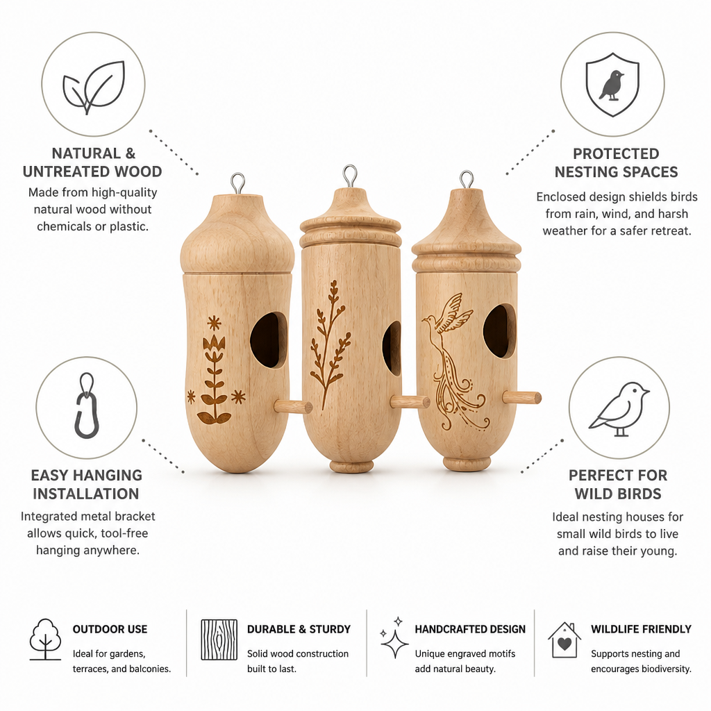 Engraved Natural Wood Hanging Birdhouse Set (3-Pack)