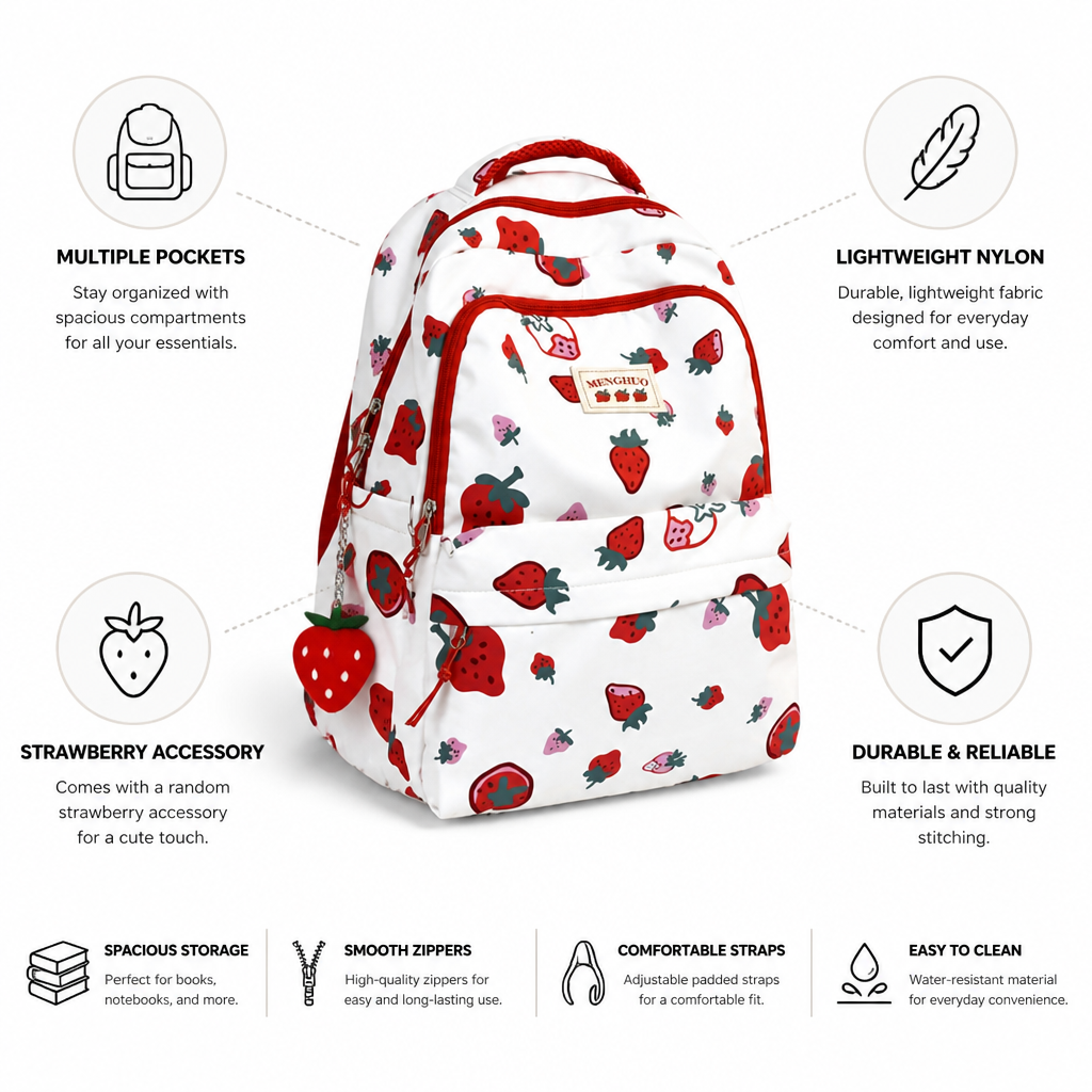 Lightweight Nylon Strawberry Print Backpack (Multiple Pockets)