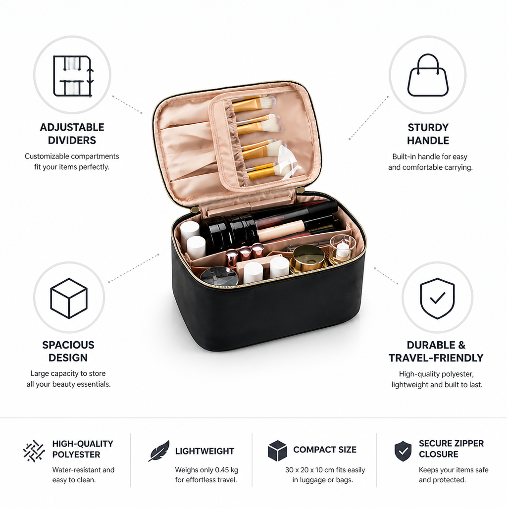 Adjustable Dividers & Sturdy Handle Travel Makeup Organizer