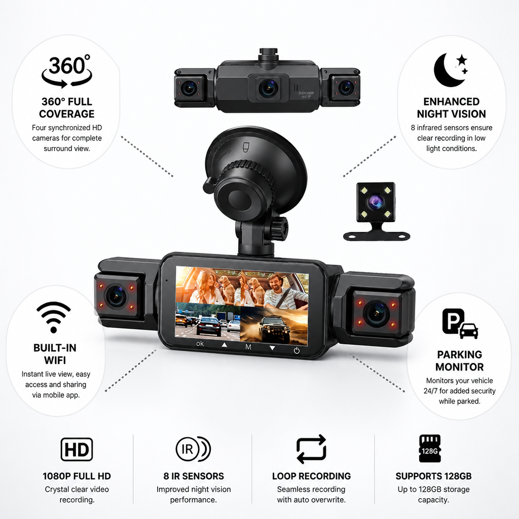 4-Camera Wireless Night Vision Dash Camera System (WiFi & Parking Monitor)