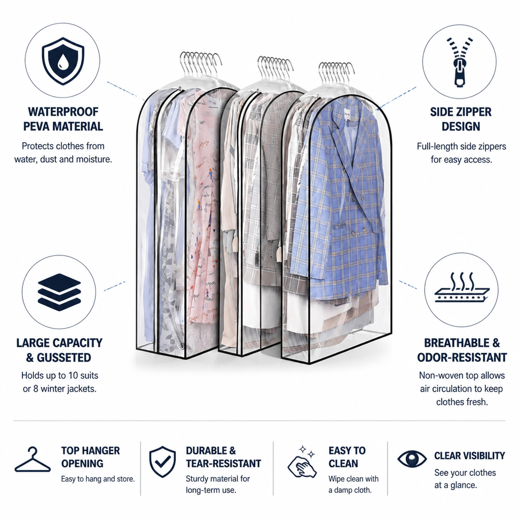 Waterproof Clear Side-Zip Garment Bag (Holds Up to 10 Suits)