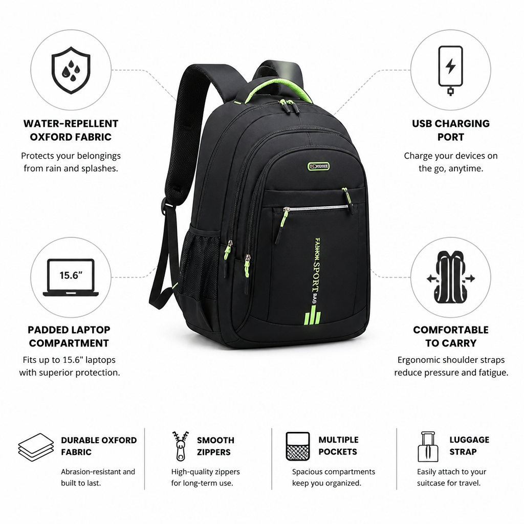 Water-Repellent Oxford USB-Charging Backpack (Fits 15.6in Laptop)
