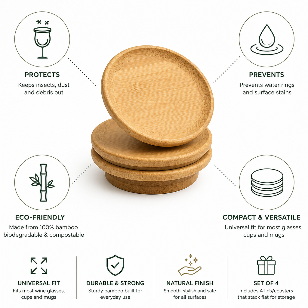 Bamboo Dual-Function Wine Glass Lid & Coaster (Set of 4)