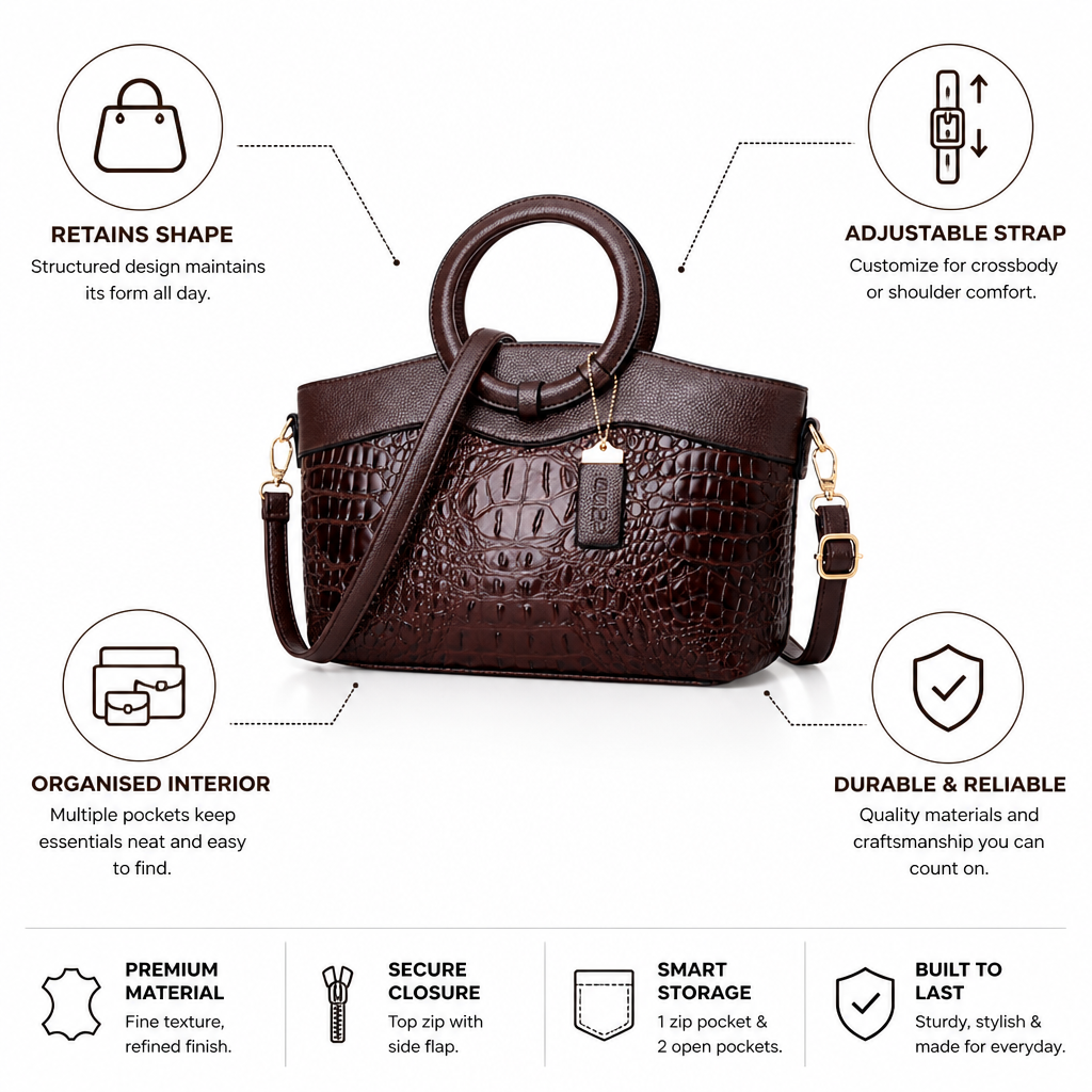 Structured Embossed Top-Handle Bag (Adjustable Strap)