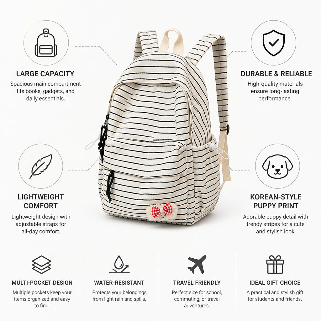 Large-Capacity Korean-Style Striped Puppy Print Backpack