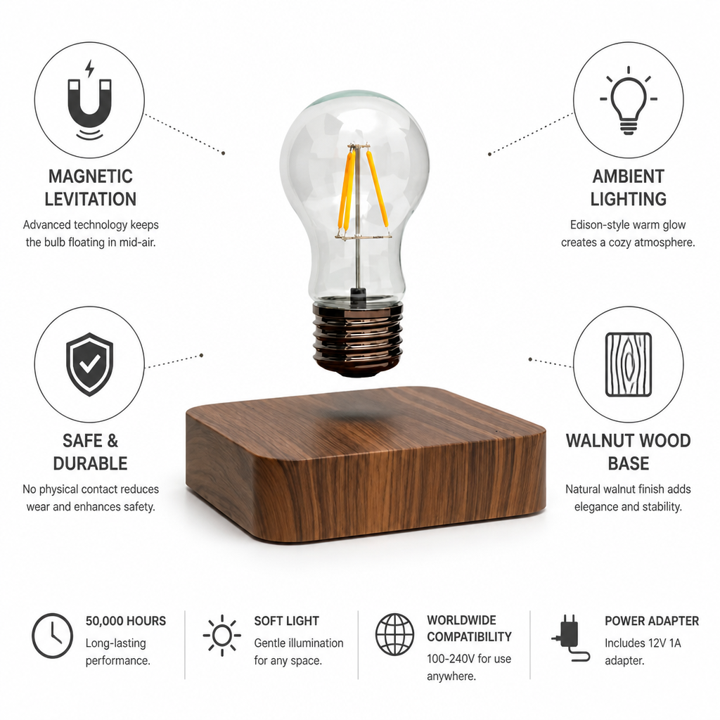 Magnetic Levitating Walnut Wood Edison-Style Table Lamp