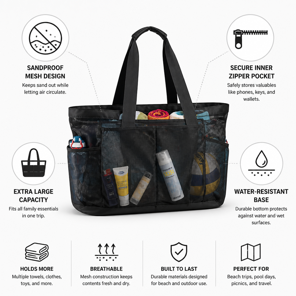 Extra-Large Sandproof Mesh Beach Tote (Water-Resistant Base)