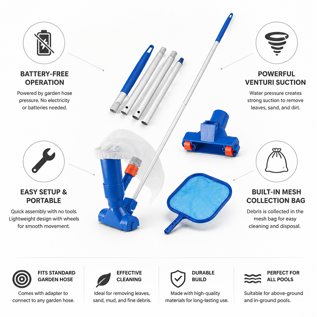 Hose-Powered Venturi Pool Vacuum (5-Section Pole & Mesh Bag)