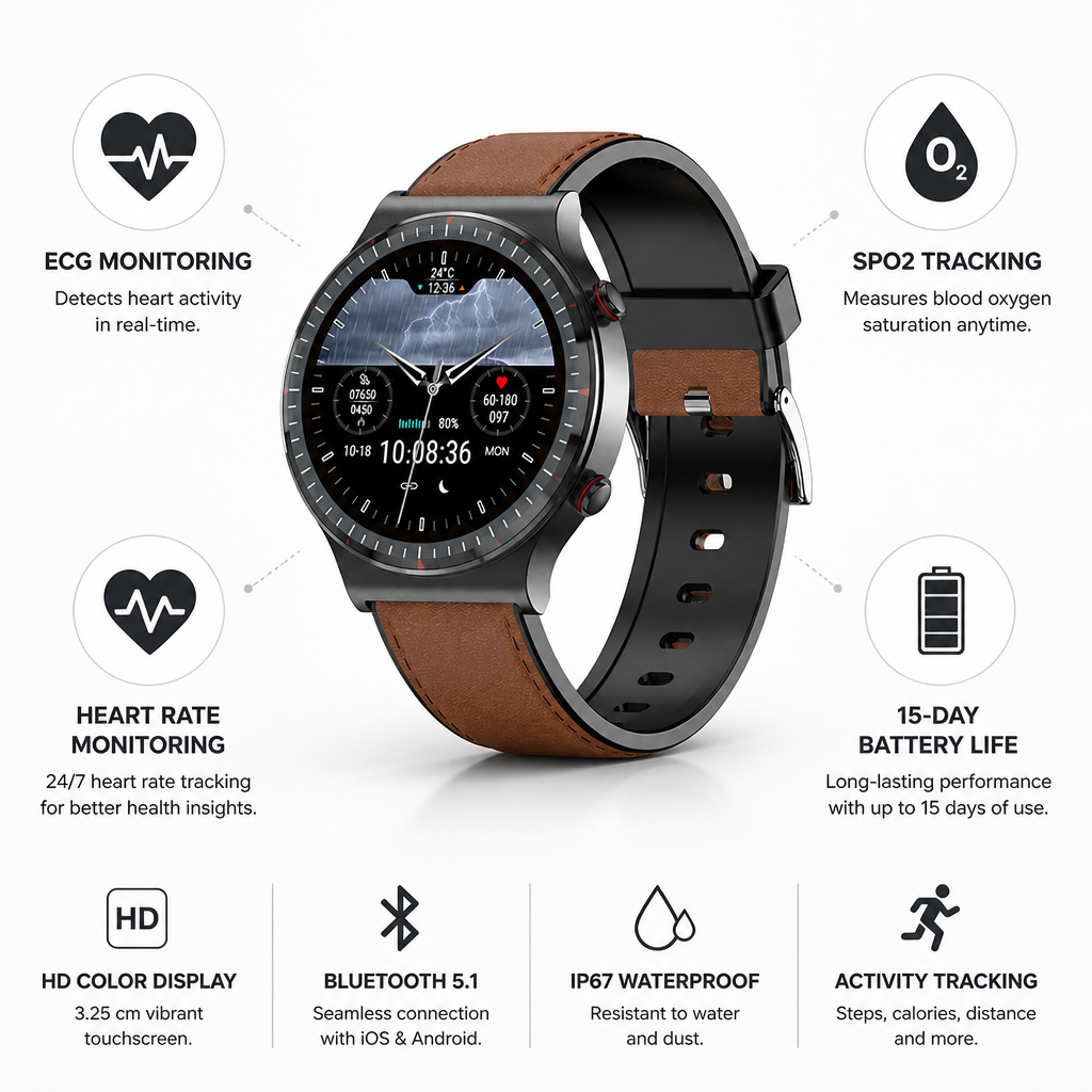 HD Color ECG & SpO2 Men's Smartwatch (15-Day Battery)