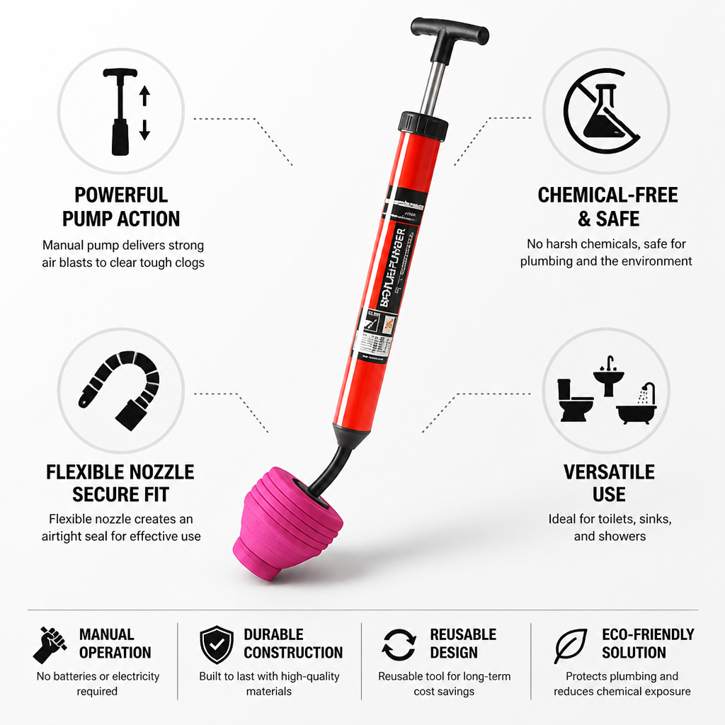 Manual High-Pressure Chemical-Free Drain Plunger (Flexible Nozzle, 66 cm)