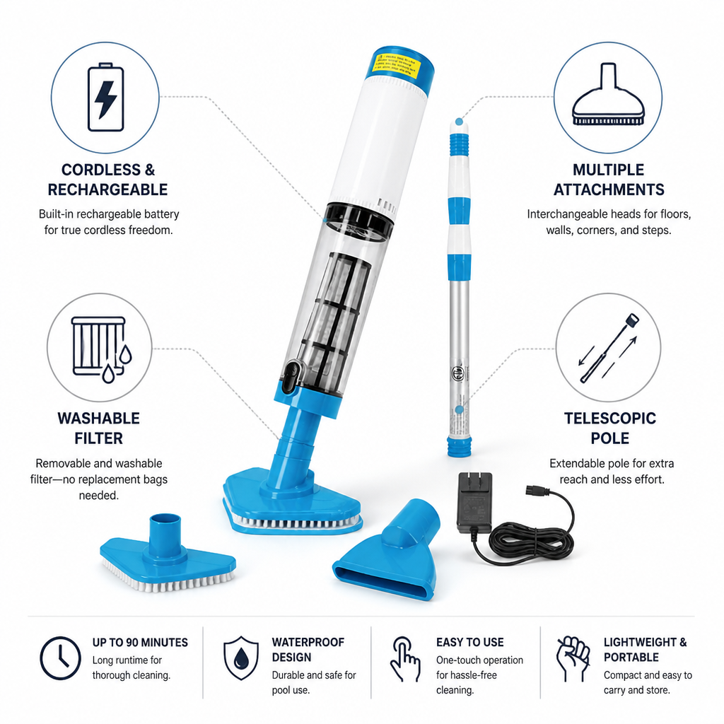Cordless Rechargeable Handheld Pool Vacuum (Interchangeable Heads)