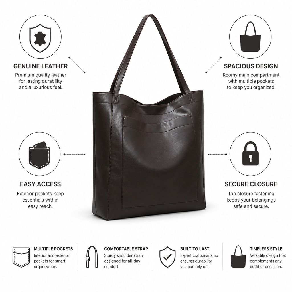 Genuine Leather Exterior Pockets & Interior Organizer Tote Bag