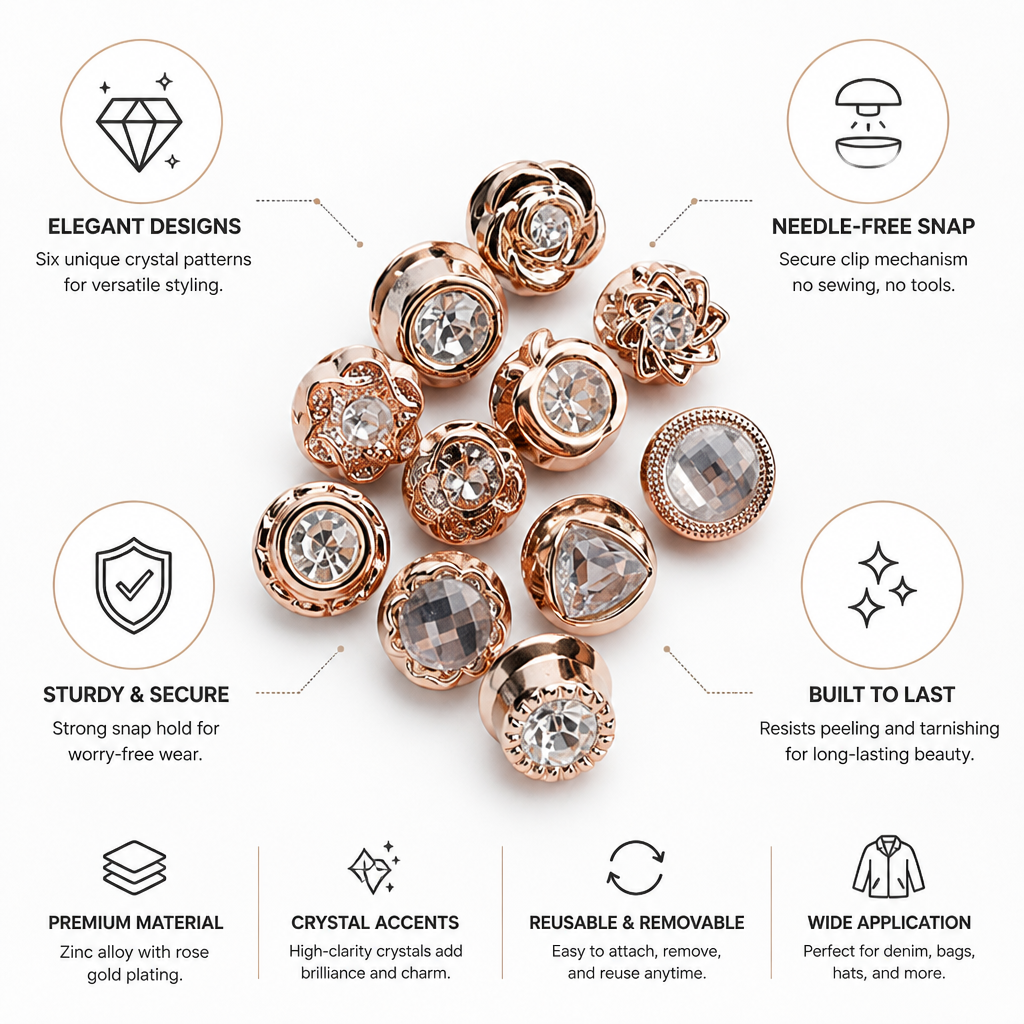 Needle-Free Rose Gold Crystal Snap Buttons (Set of 6)