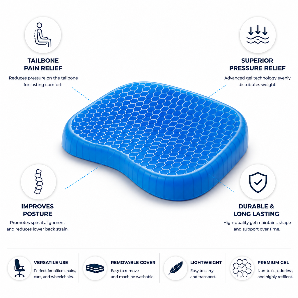 Orthopedic Gel Tailbone Support Seat Cushion (Removable Cover)