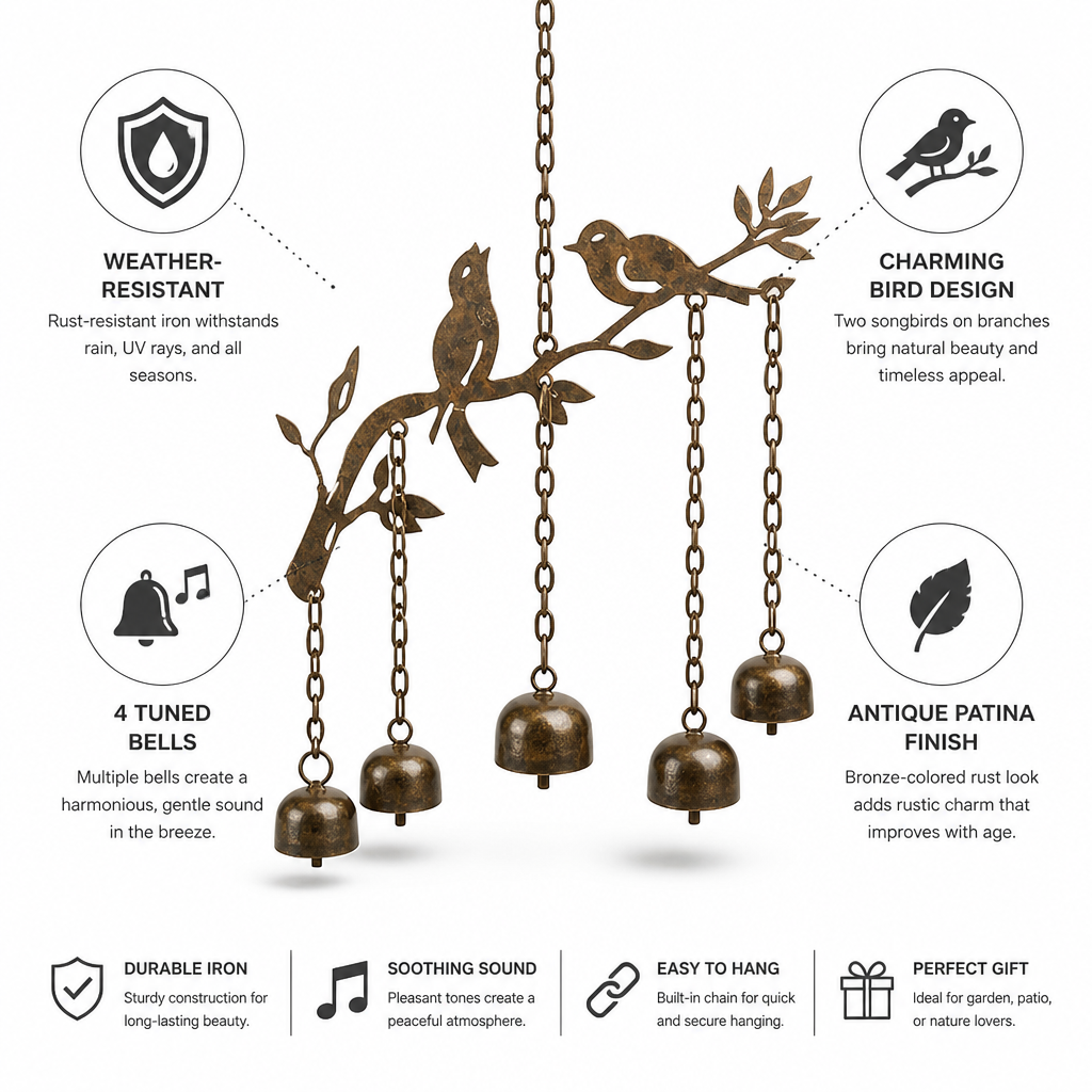 Weather-Resistant Antique Patina Iron Wind Chime (4 Tuned Bells)