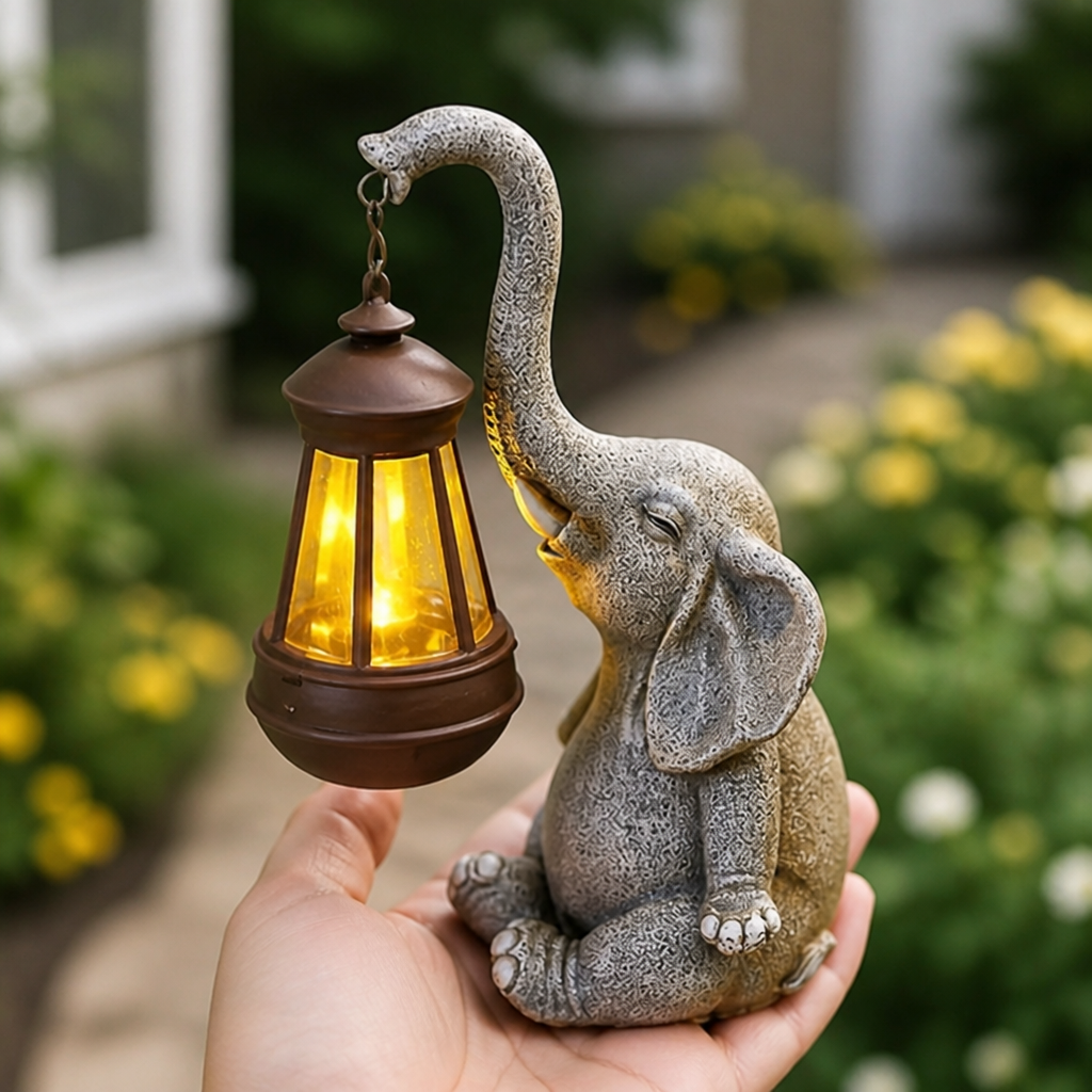Solar-Powered Resin Warm-Glow Garden Lantern (Elephant Design)