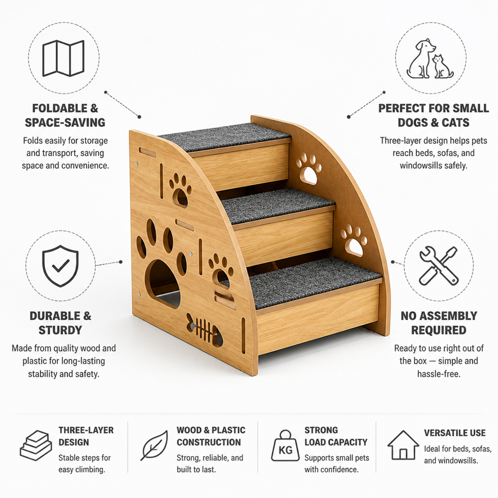 Foldable Space-Saving Wooden Pet Stairs (For Small Dogs & Cats)