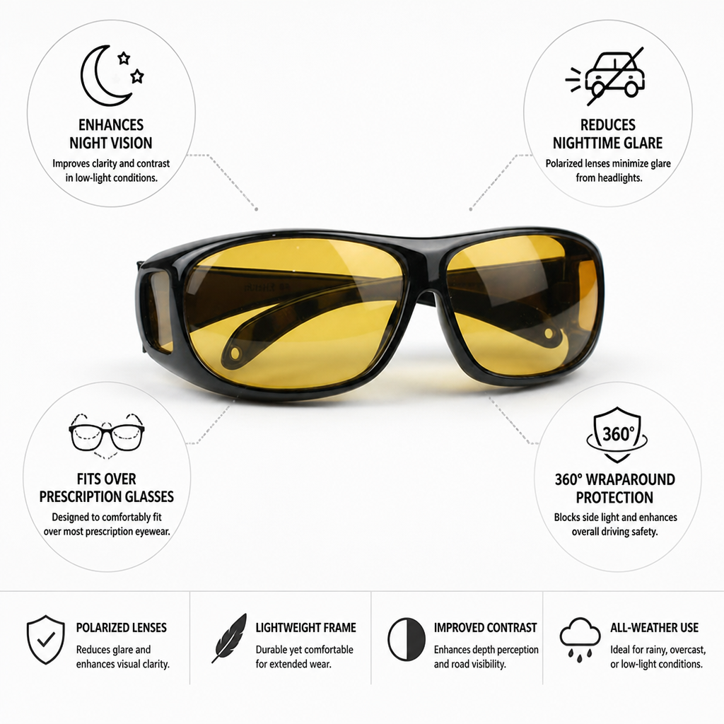 Polarized Wraparound Night Driving Glasses (Fits Over Prescription)