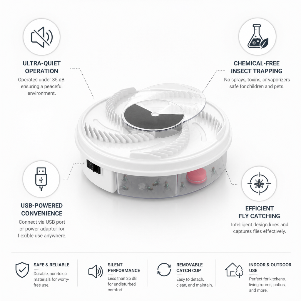 USB-Powered Silent Chemical-Free Fly Trap (Removable Catch Cup)