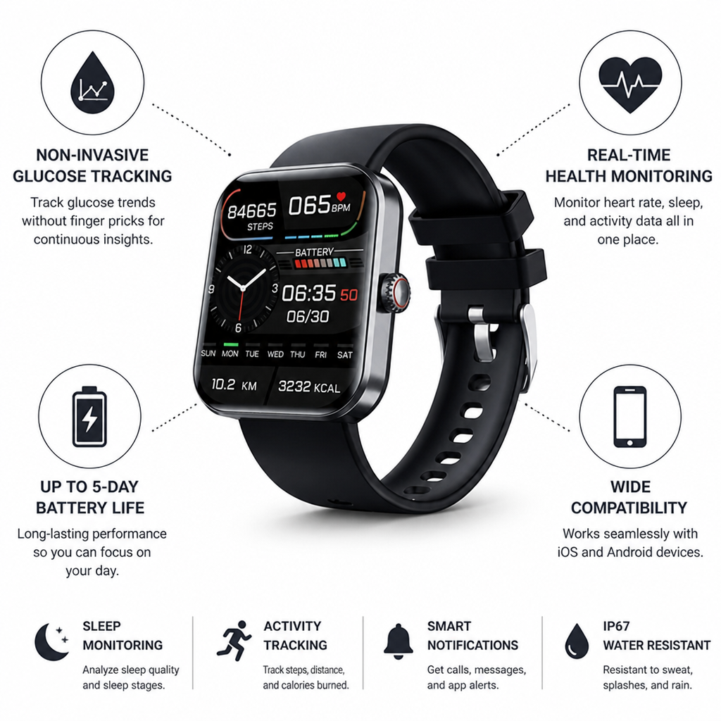 Non-Invasive Glucose Tracking & 5-Day Battery Smartwatch