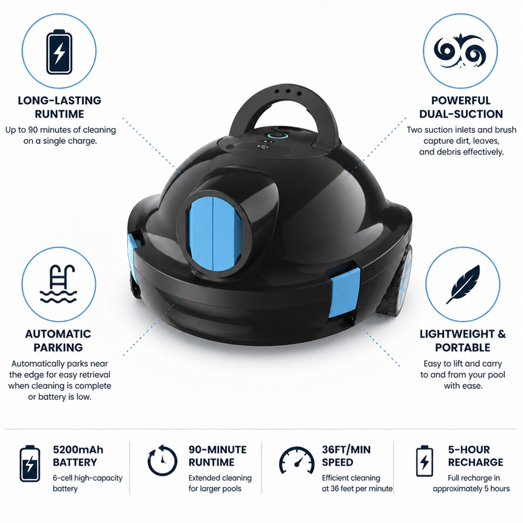 Cordless Dual-Suction Robotic Pool Cleaner (90-Min Runtime)