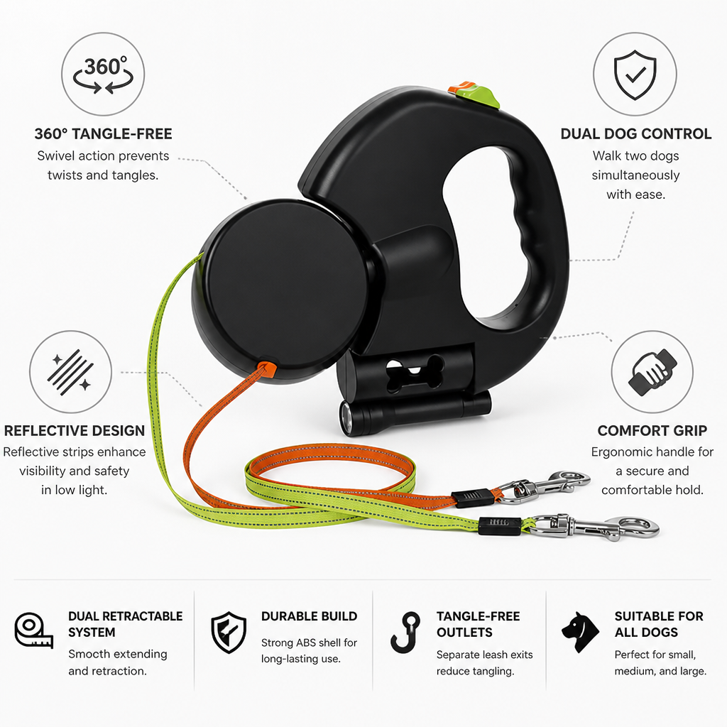360° Swivel Tangle-Free Reflective Dual Retractable Dog Leash