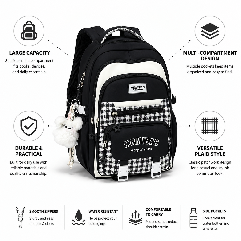Plaid Patchwork Large-Capacity & Multi-Compartment Backpack