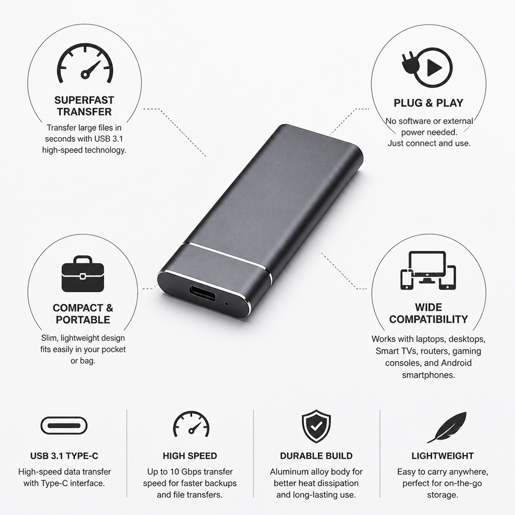 High-Speed USB 3.1 Type-C External Hard Drive (Plug-And-Play)