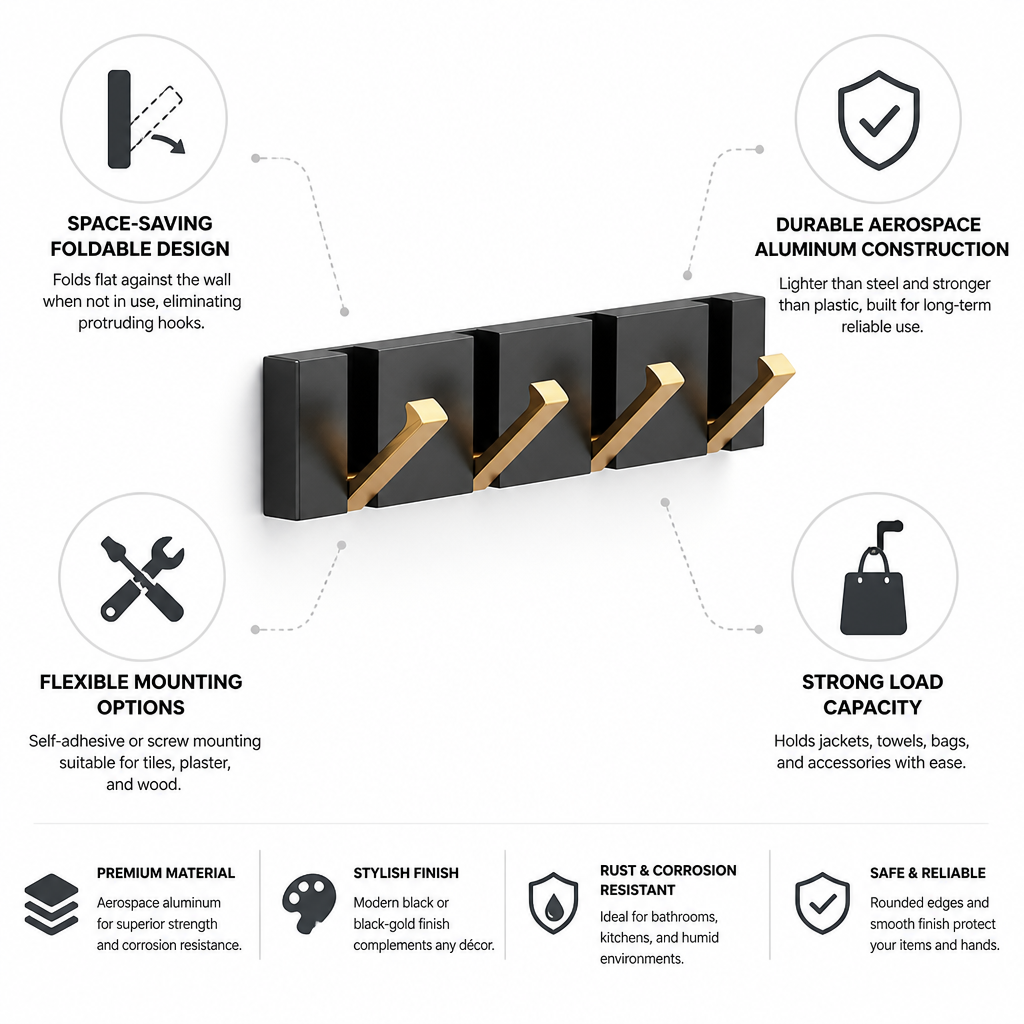Space-Saving Foldable Aerospace Aluminum Wall Hook (2–6 Hooks)