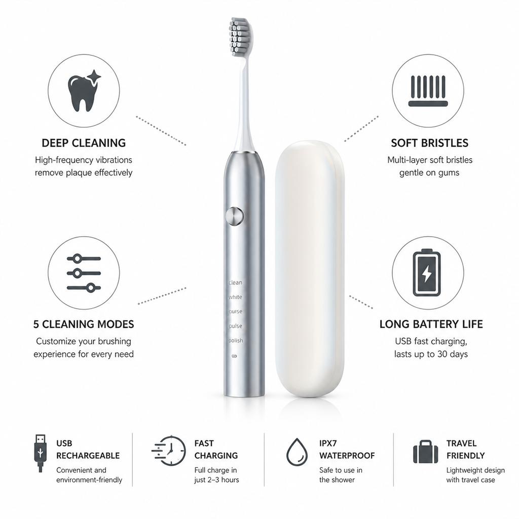 USB Rechargeable 5-Mode Soft-Bristle Electric Toothbrush