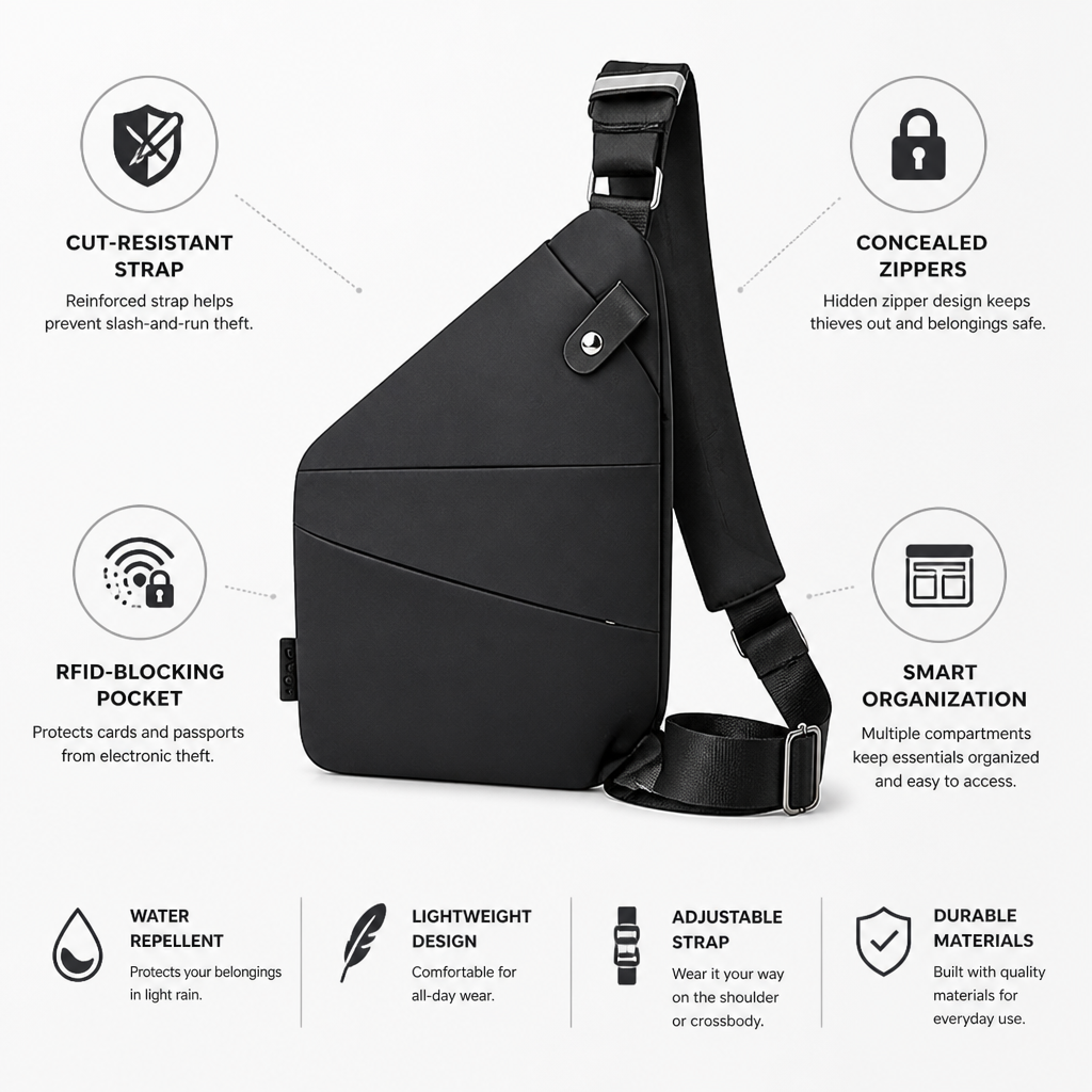Cut-Resistant Strap & RFID-Blocking Pocket Crossbody Bag