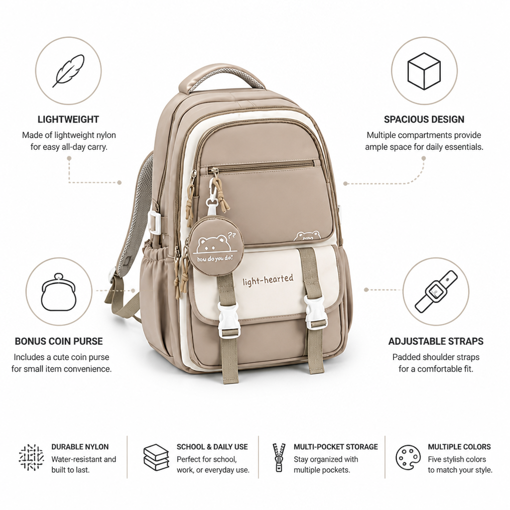 Lightweight & Spacious Nylon Backpack (Includes Coin Purse)