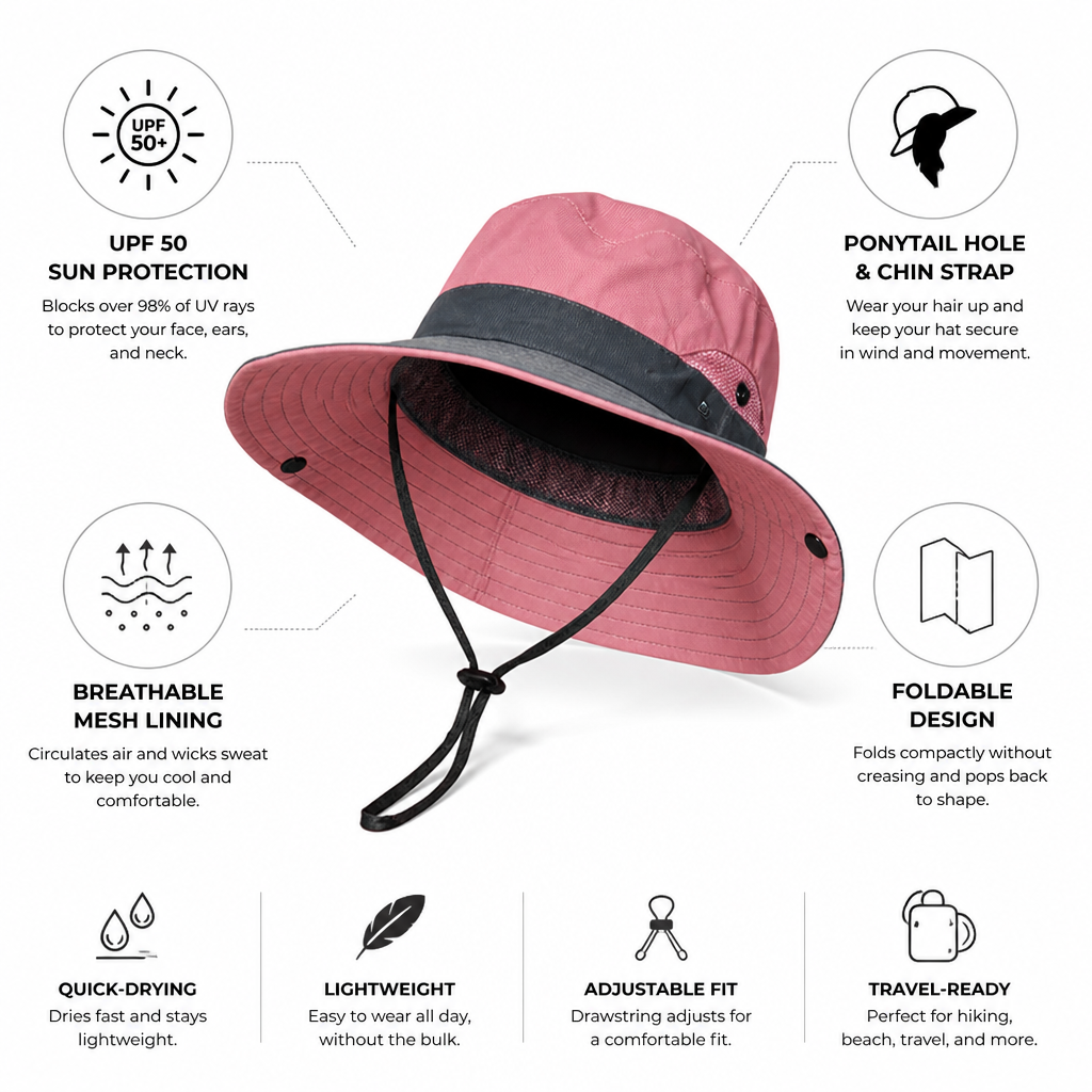 UPF 50 Breathable Foldable Sun Hat (Ponytail Hole & Chin Strap)