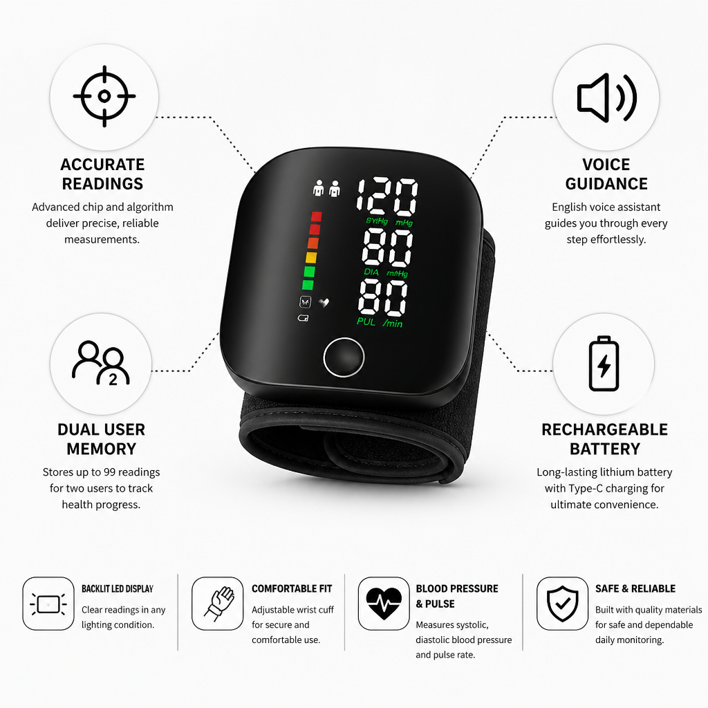 Backlit LED & Voice-Guided Rechargeable Wrist Blood Pressure Monitor (2-User Memory)