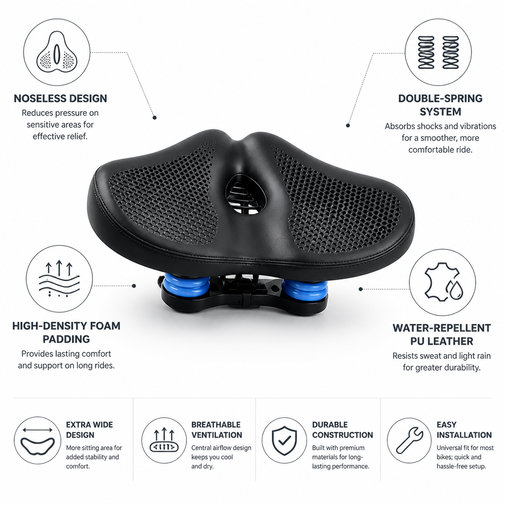 Noseless Extra-Wide Double-Spring Bike Saddle