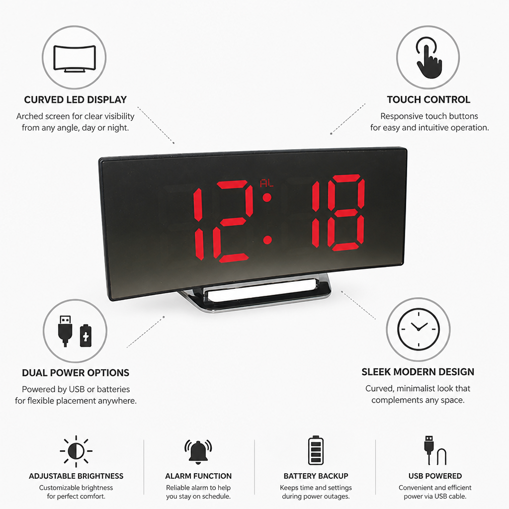 Curved LED Adjustable Brightness Digital Alarm Clock (USB & Battery)