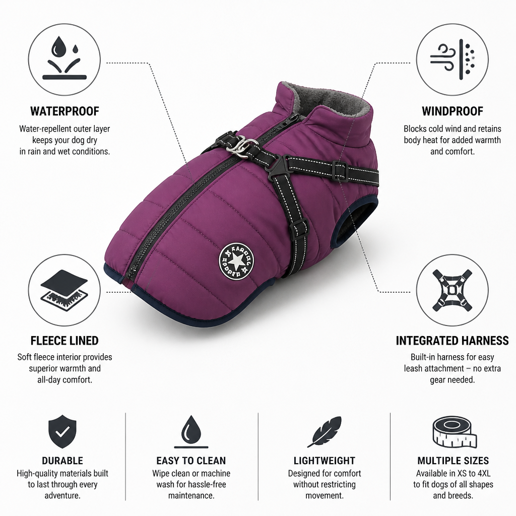 Waterproof Windproof Fleece-Lined Dog Coat (Integrated Harness)