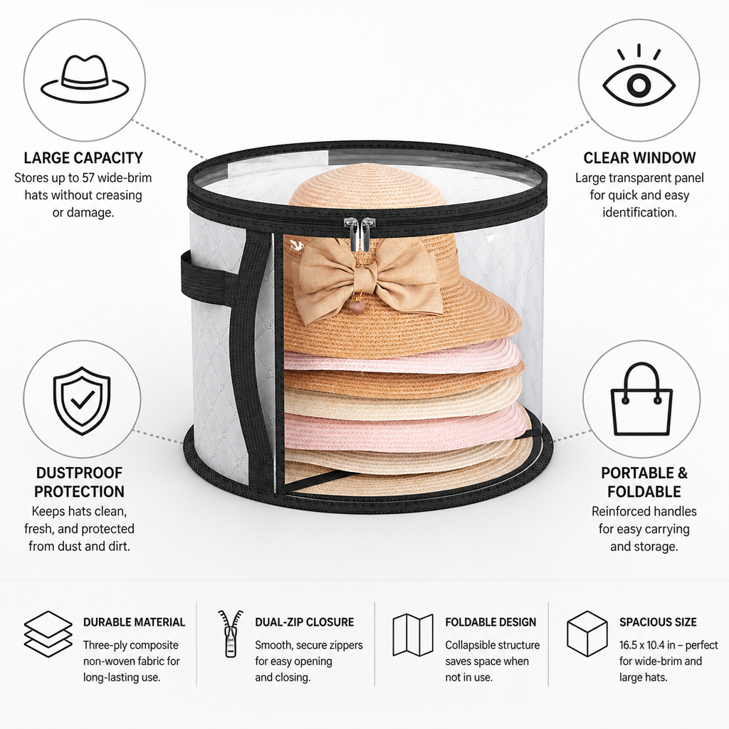 Clear-Window Dustproof Hat Storage Case (Holds 57 Wide-Brim Hats)